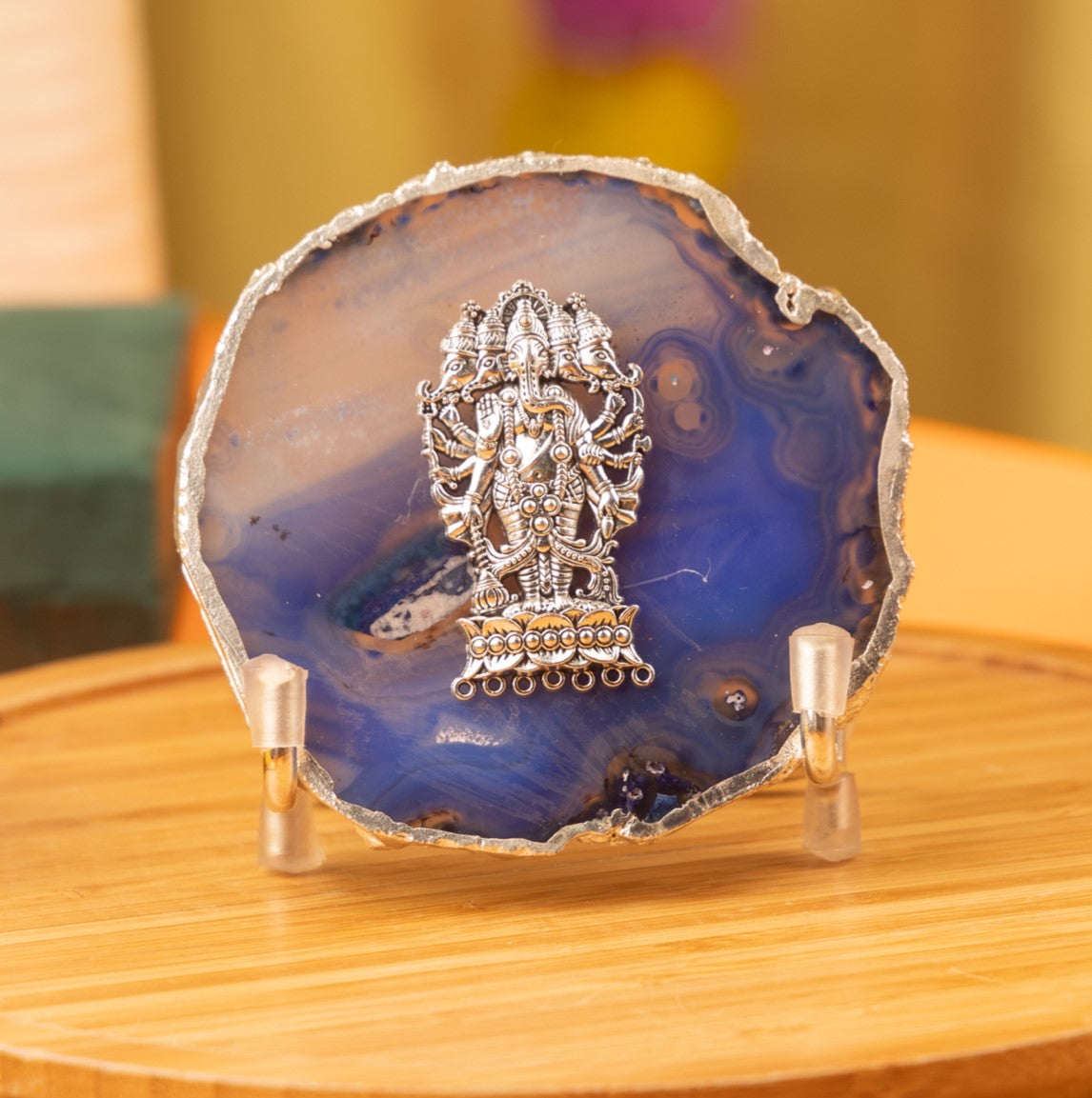 Agate Ganesha Showpiece Silver Platting Egdes with Metal Stand