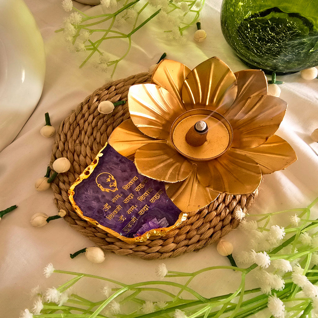 Agate Guruji Mantra Flower Shape Tealight Holder- Purple