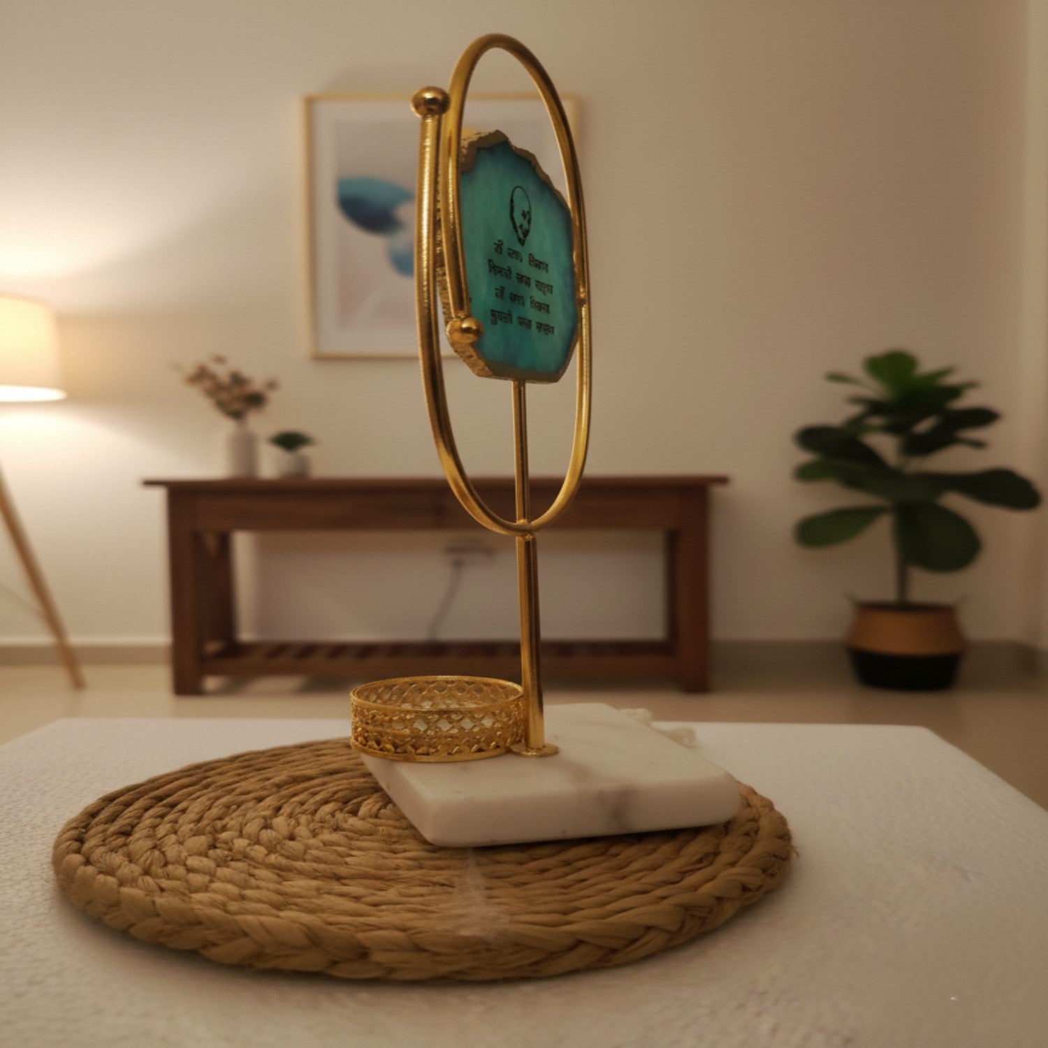 Agate Guruji Mantra Oval Shape Metal Showpiece- Turquoise