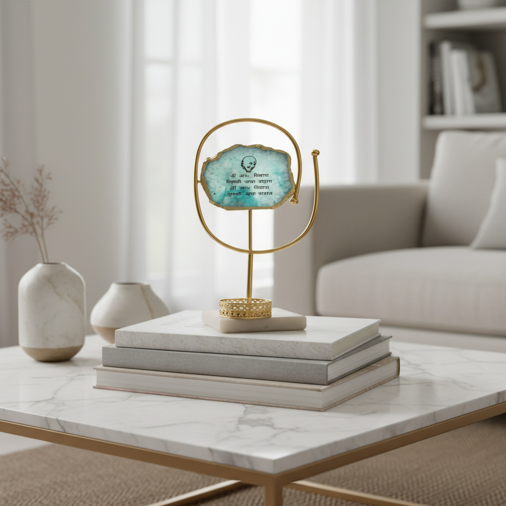 Agate Guruji Mantra Oval Shape Metal Showpiece- Turquoise