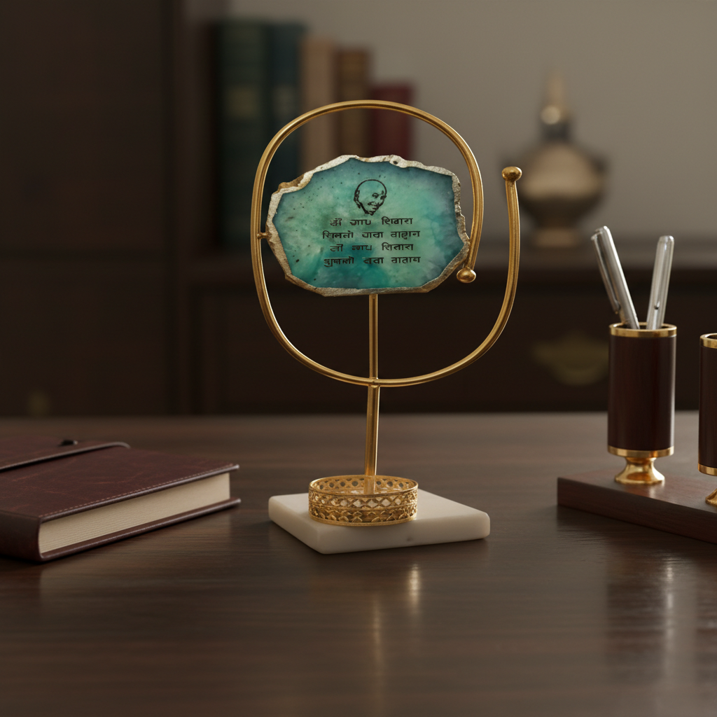 Agate Guruji Mantra Oval Shape Metal Showpiece- Turquoise