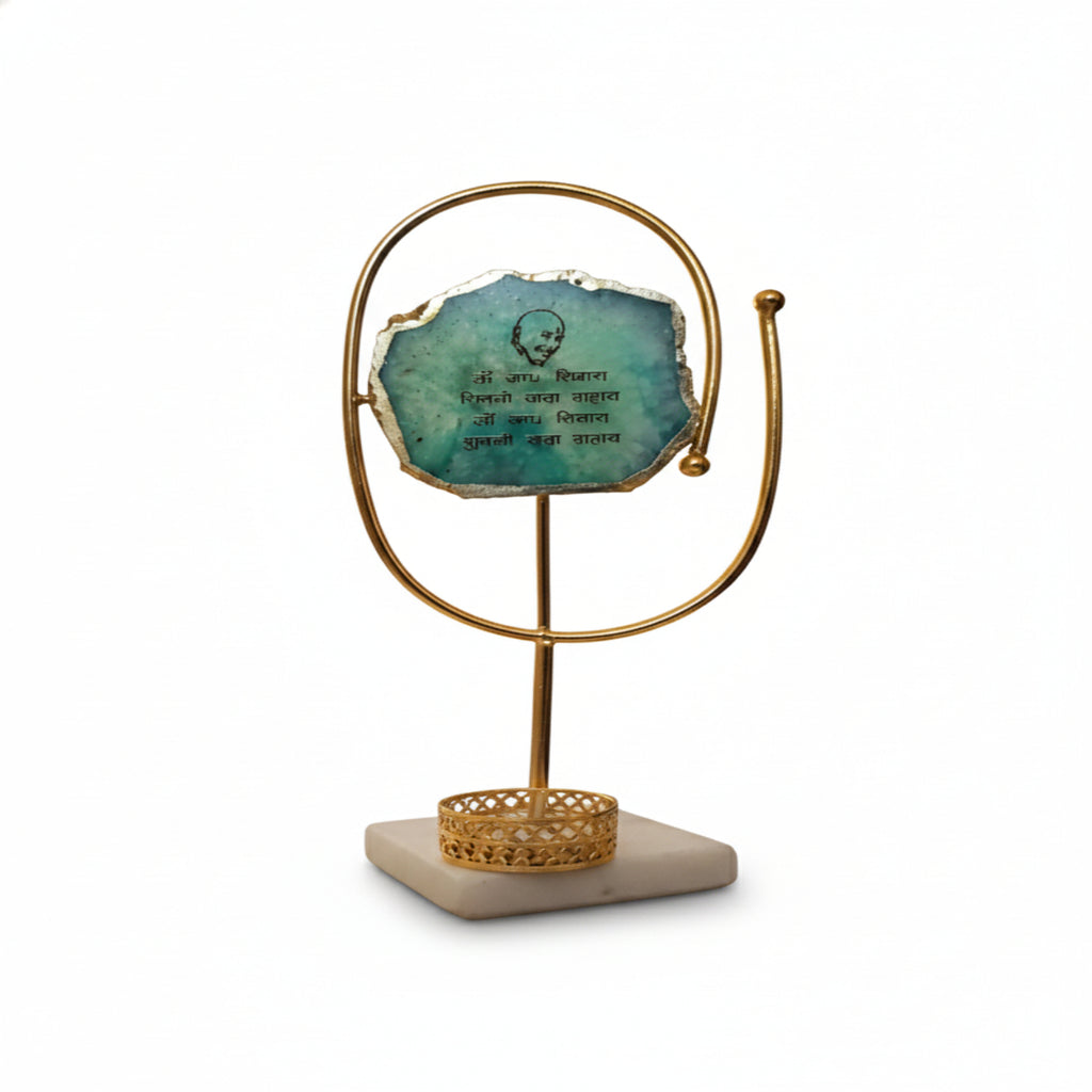 Agate Guruji Mantra Oval Shape Metal Showpiece- Turquoise