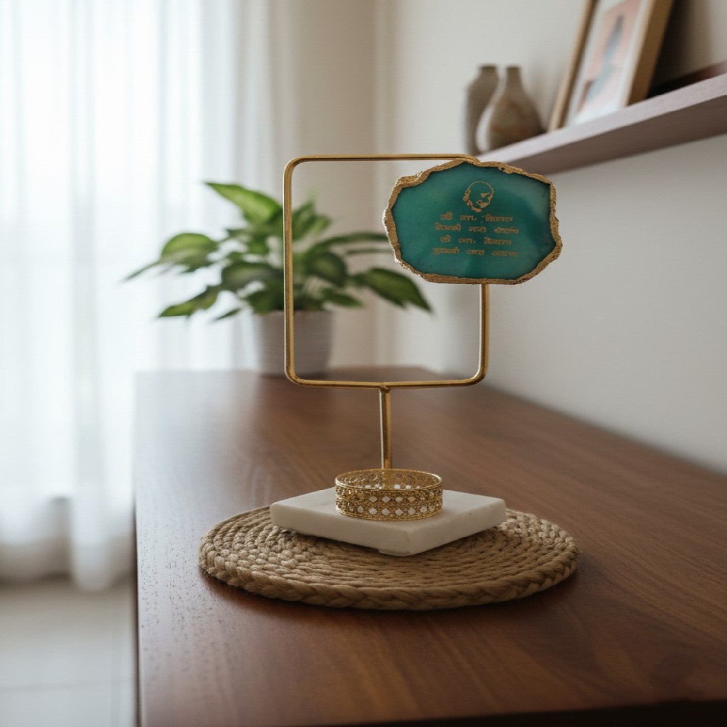 Agate Guruji Mantra Rectangular Shape Metal Showpiece- Turquoise