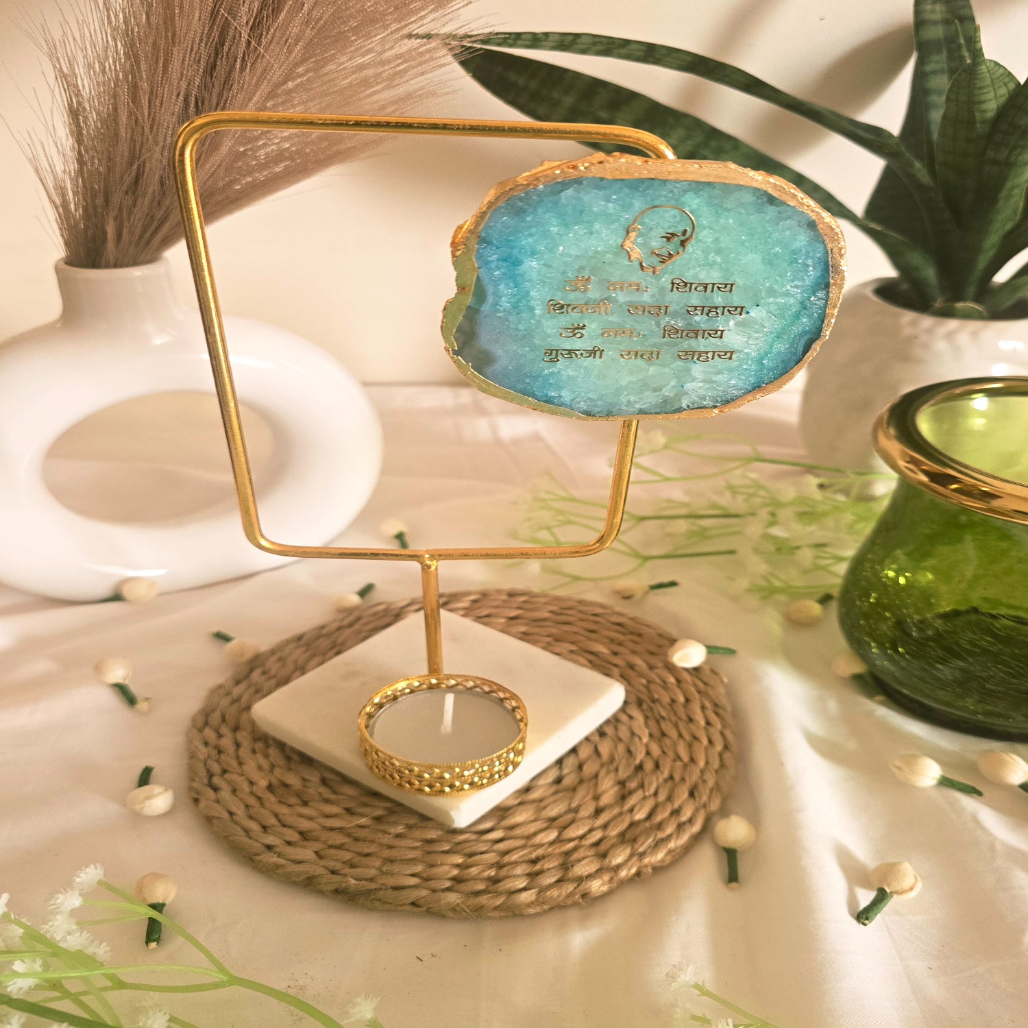 Agate Guruji Mantra Rectangular Shape Metal Showpiece- Turquoise
