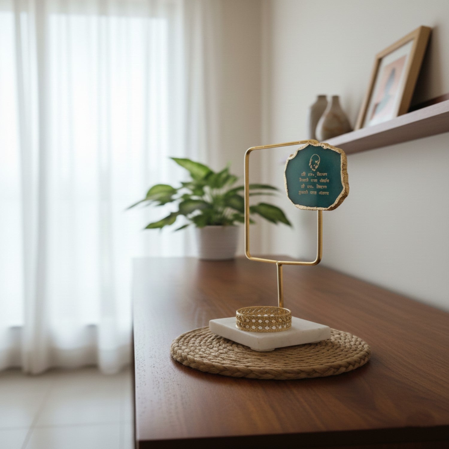 Agate Guruji Mantra Rectangular Shape Metal Showpiece- Turquoise