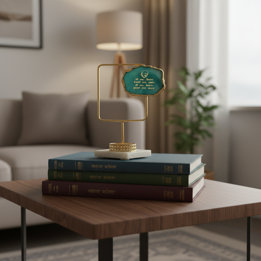 Agate Guruji Mantra Rectangular Shape Metal Showpiece- Turquoise