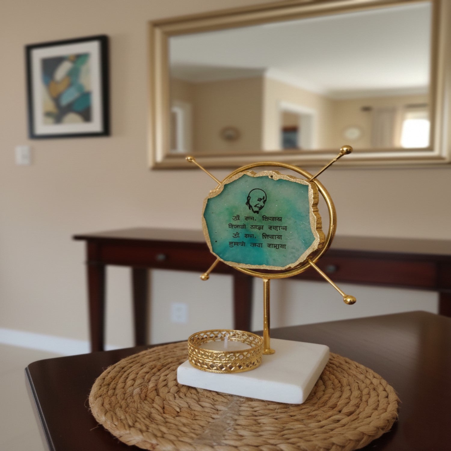 Agate Guruji Mantra Round Shape Metal Showpiece- Turquoise