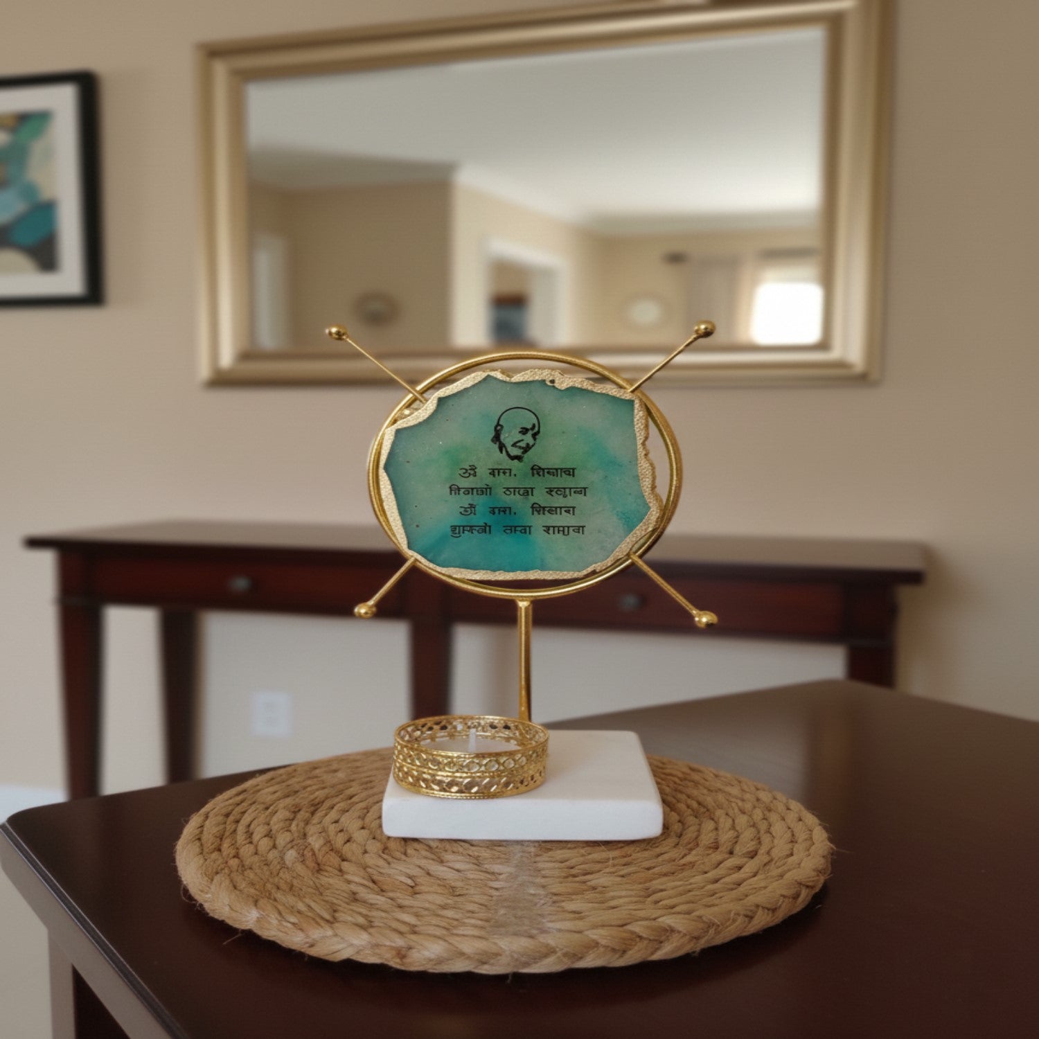 Agate Guruji Mantra Round Shape Metal Showpiece- Turquoise