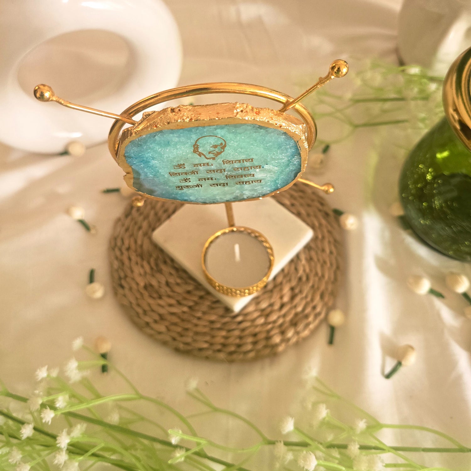 Agate Guruji Mantra Round Shape Metal Showpiece- Turquoise