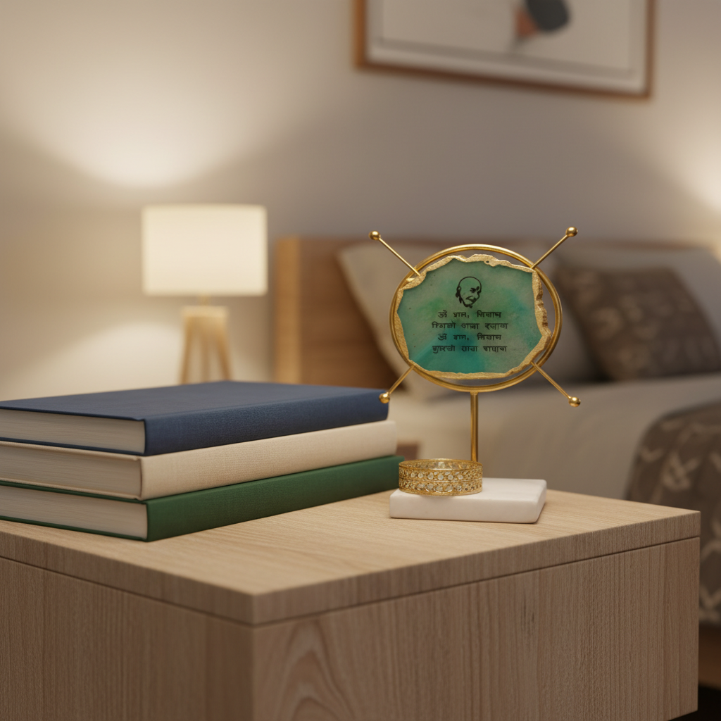 Agate Guruji Mantra Round Shape Metal Showpiece- Turquoise