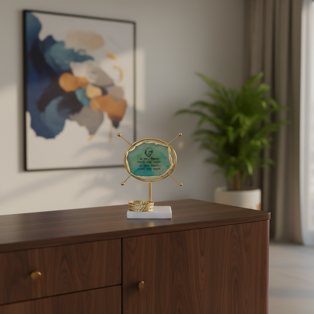 Agate Guruji Mantra Round Shape Metal Showpiece- Turquoise