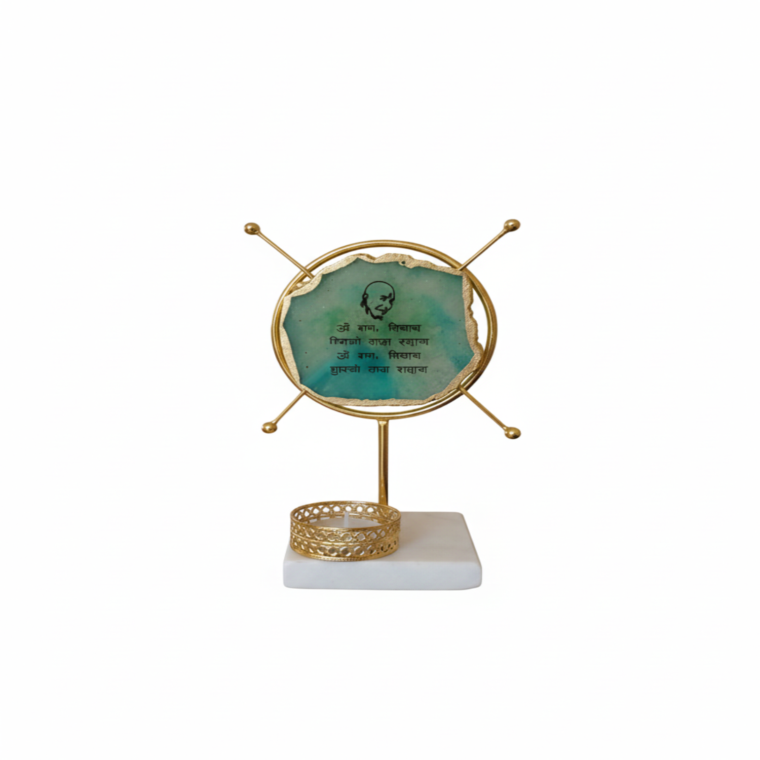 Agate Guruji Mantra Round Shape Metal Showpiece- Turquoise
