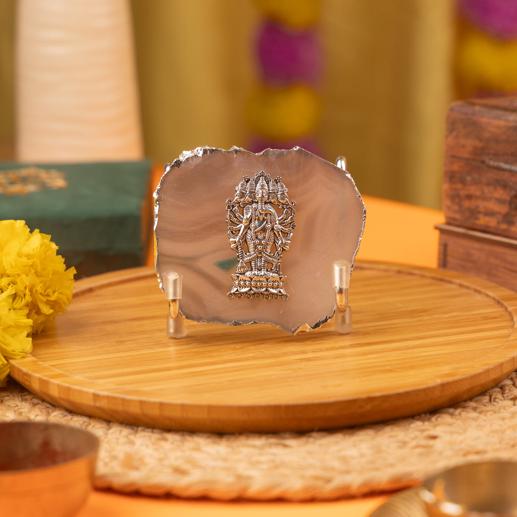 Agate Ganesha Showpiece Silver Platting Egdes with Metal Stand
