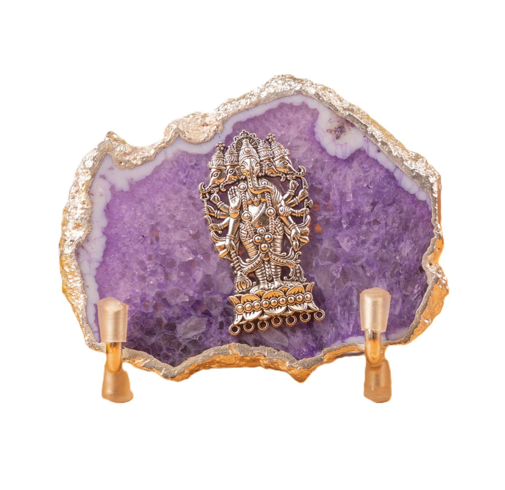 Agate Ganesha Showpiece Silver Platting Egdes with Metal Stand