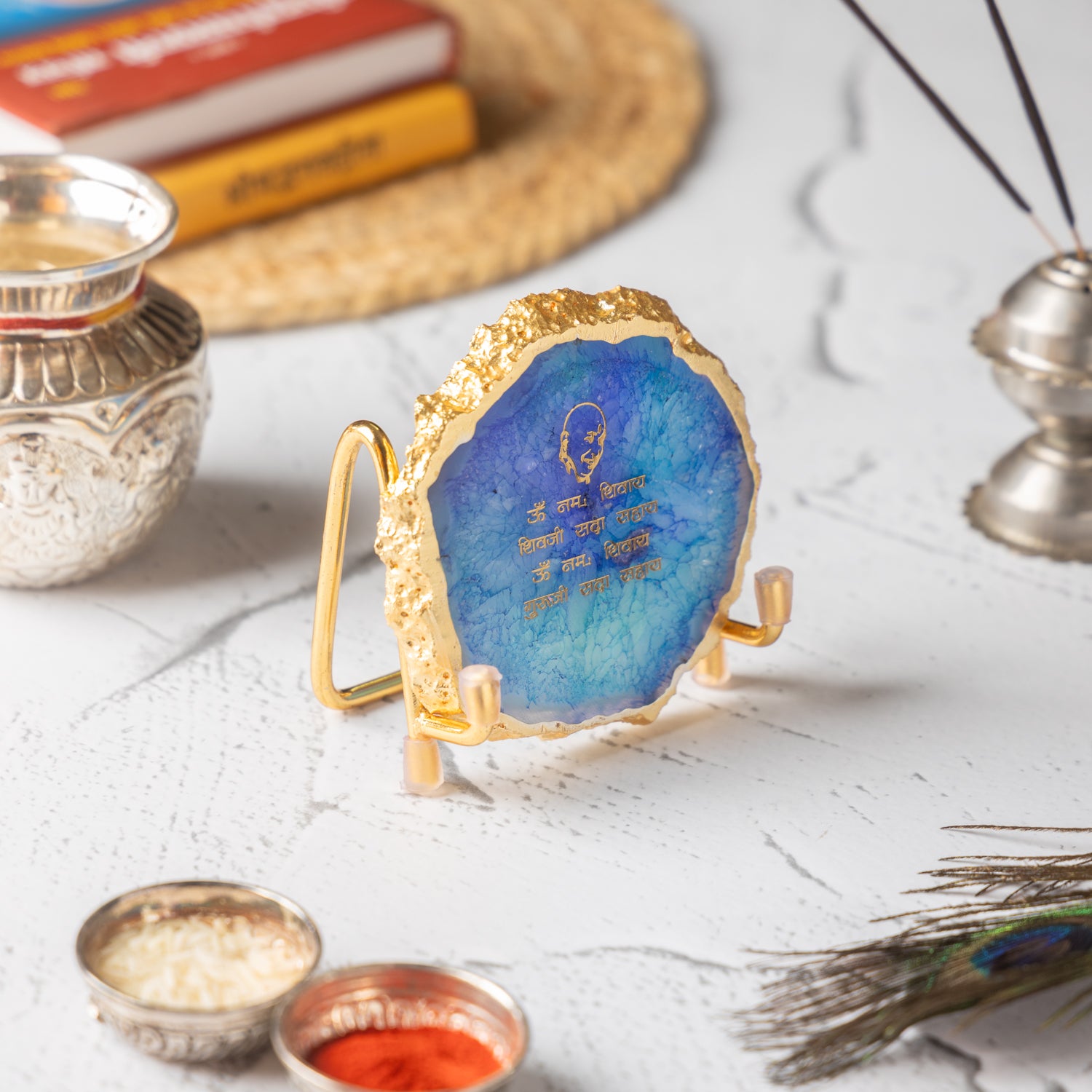Guru Ji Mantra Blue Agate Metal Showpiece