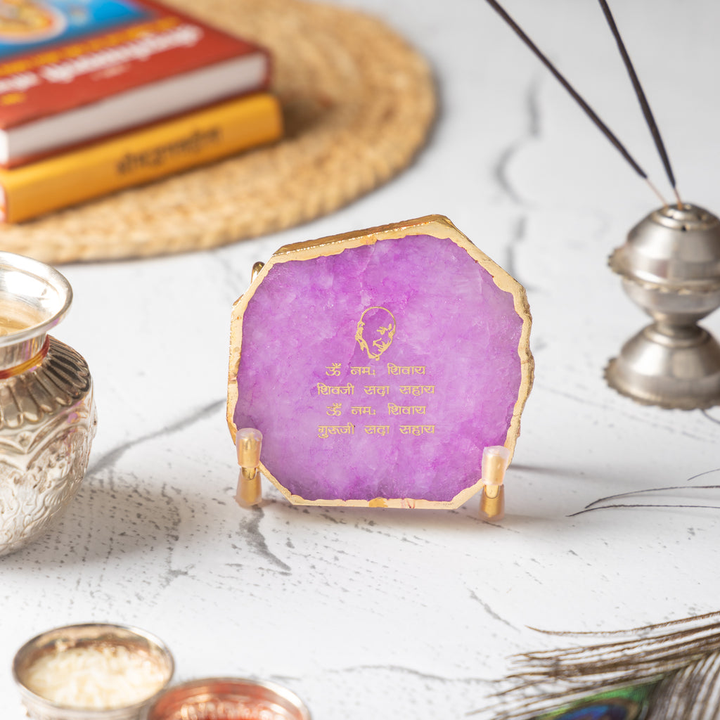Guru Ji Mantra Pink Agate Metal Showpiece