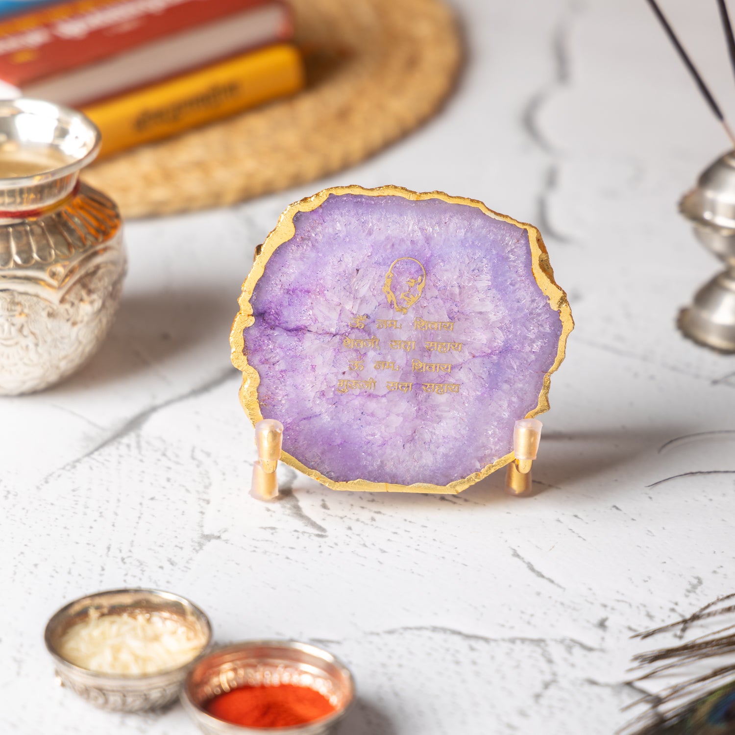 Guru Ji Mantra Purple Agate Metal Showpiece