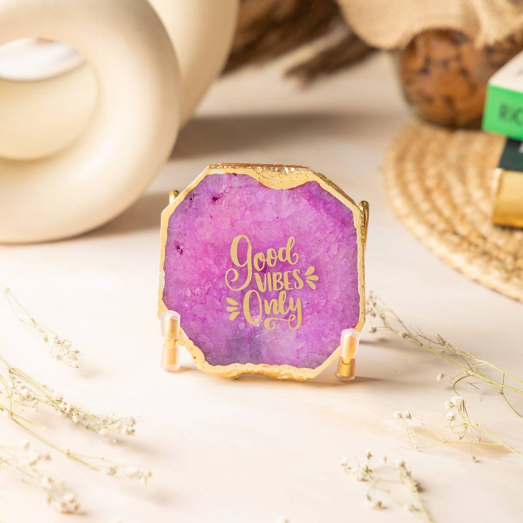 Good Vibes Pink Agate Metal Showpeice