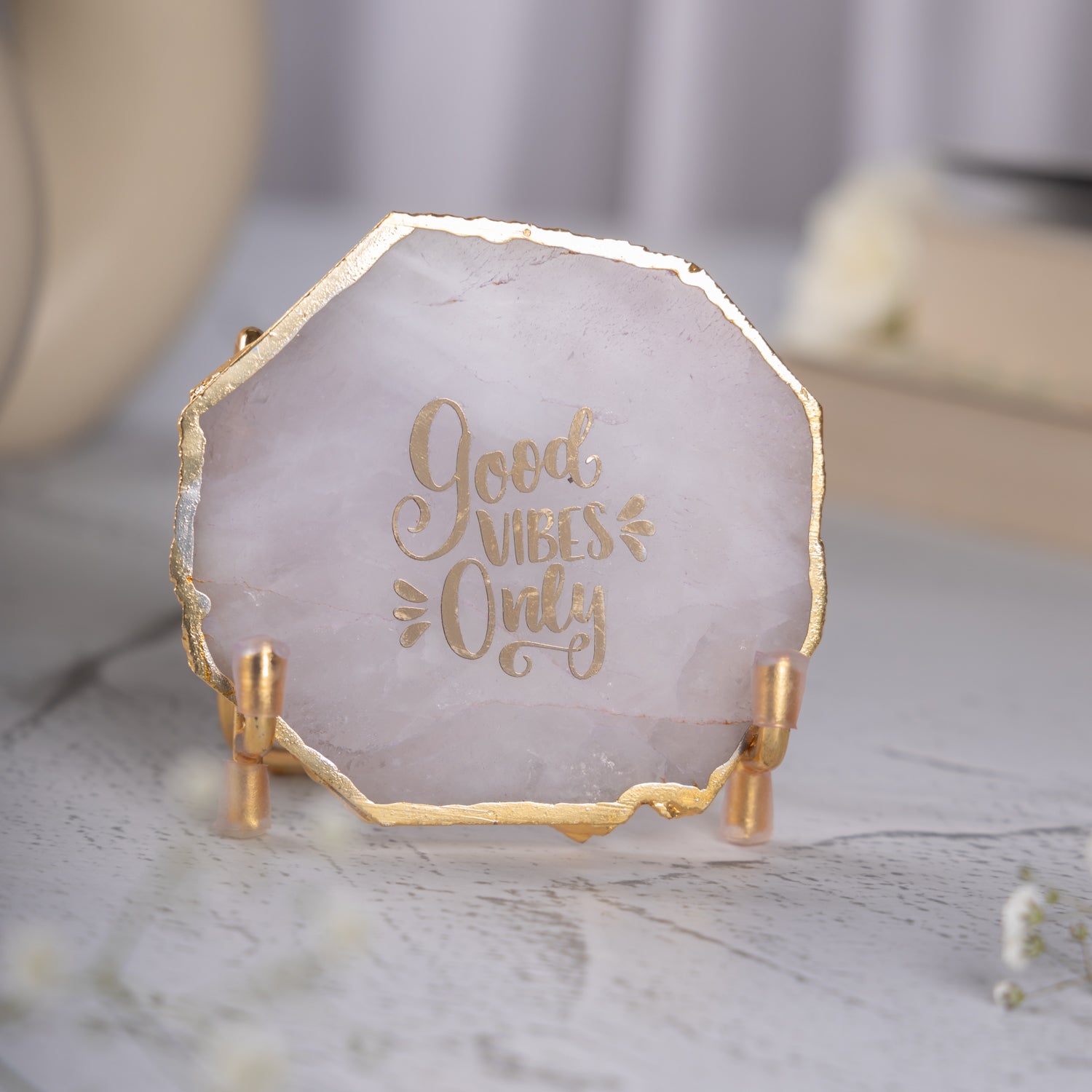 Good Vibes White Agate Metal Showpiece