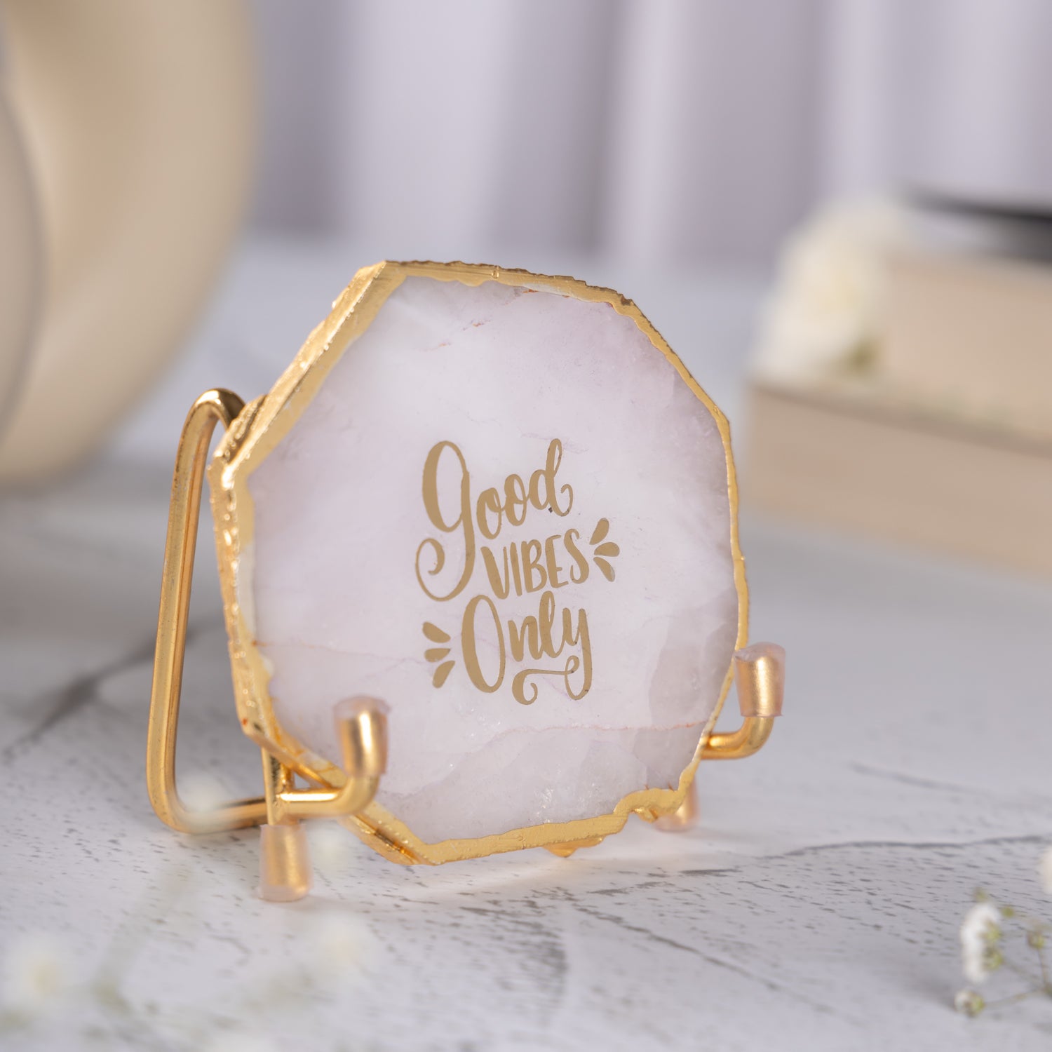 Good Vibes White Agate Metal Showpiece