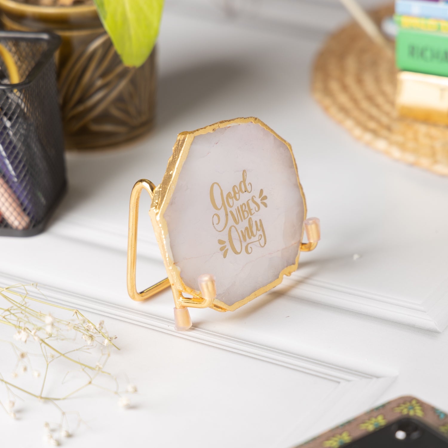 Good Vibes White Agate Metal Showpiece