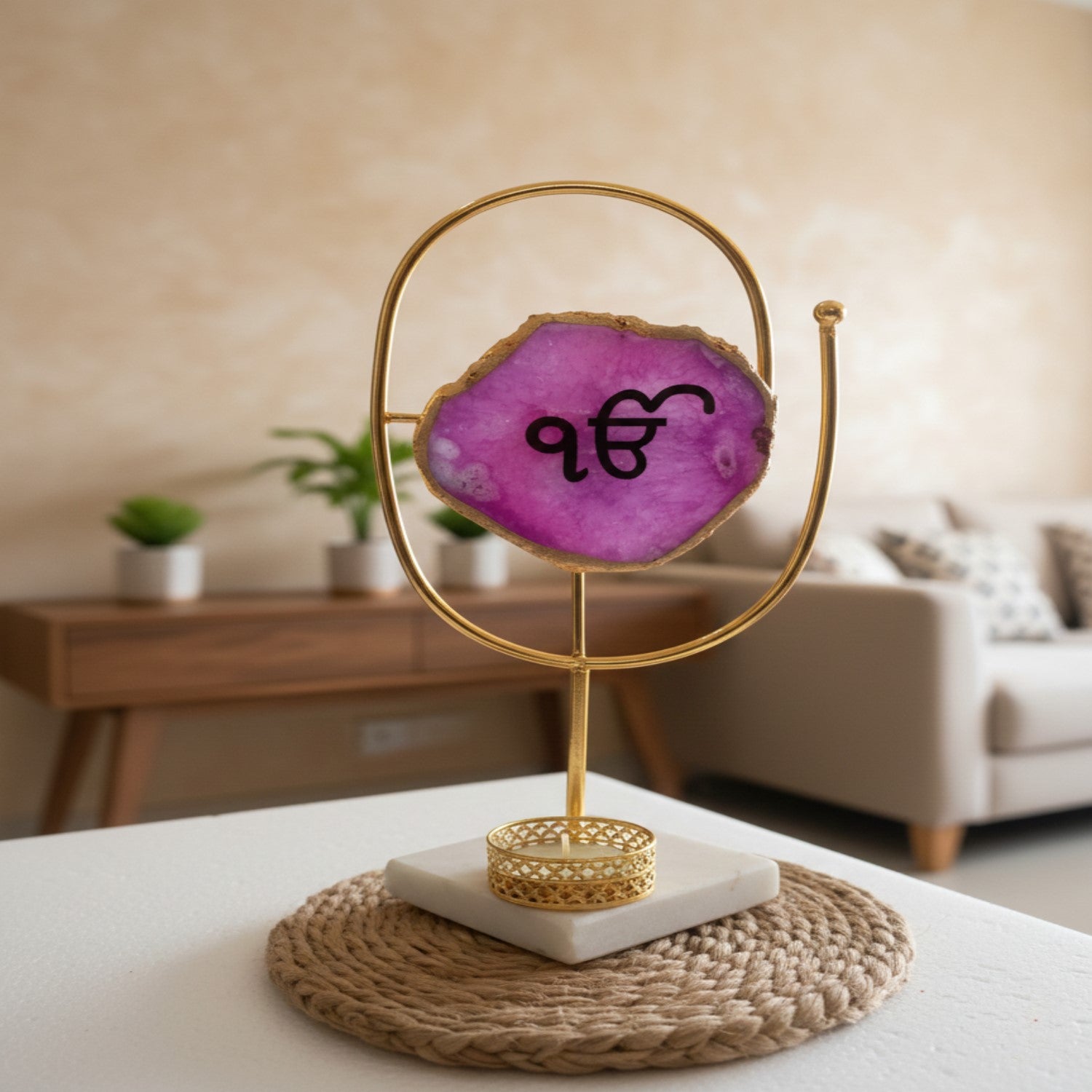 Agate Ik Onkar Oval Shape Metal Showpiece- Pink