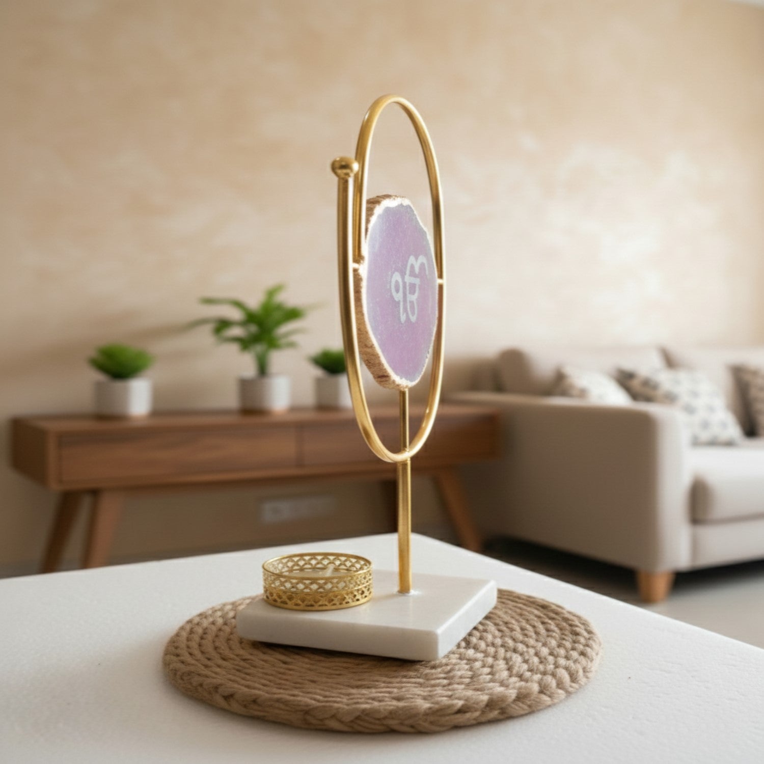 Agate Ik Onkar Oval Shape Metal Showpiece- Pink