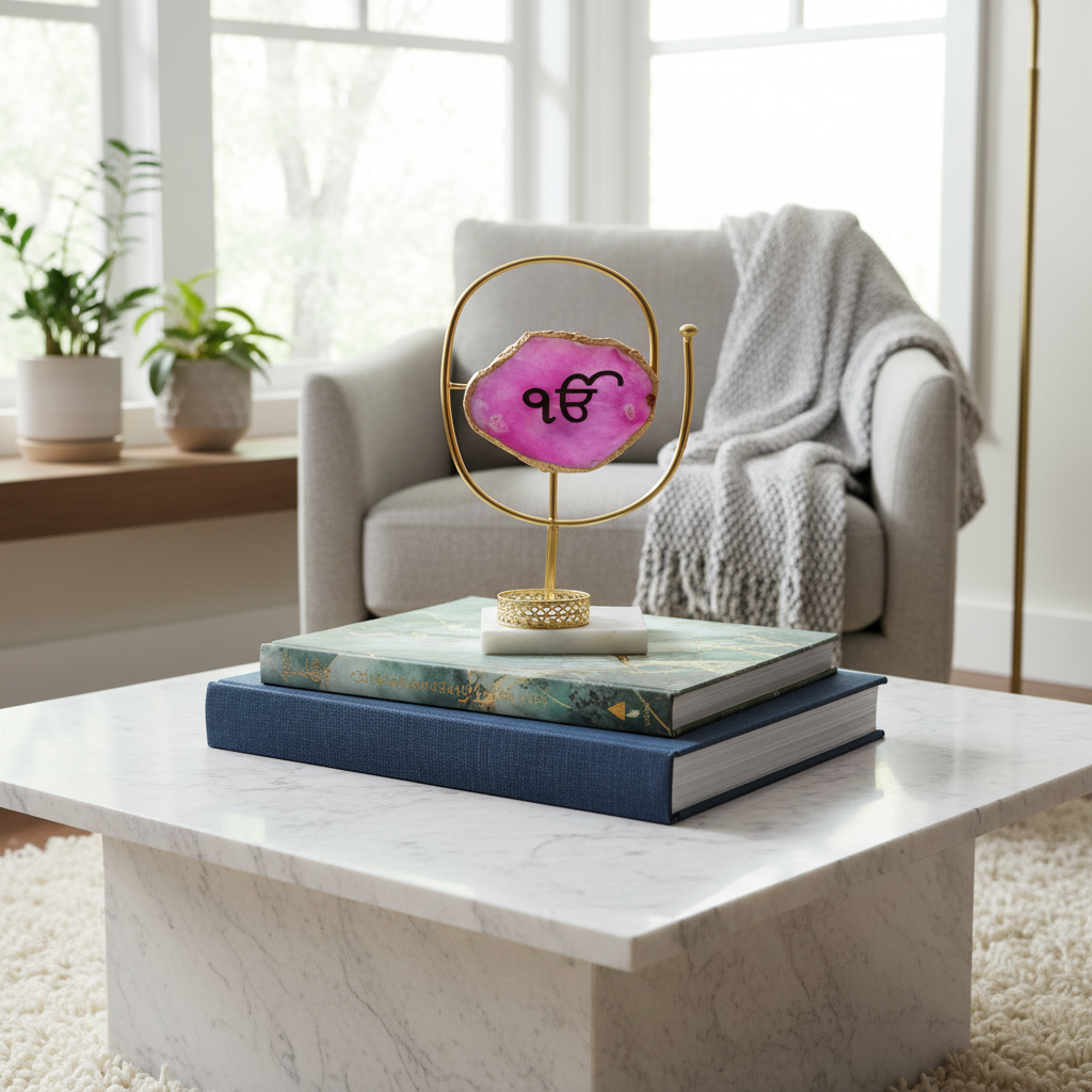 Agate Ik Onkar Oval Shape Metal Showpiece- Pink