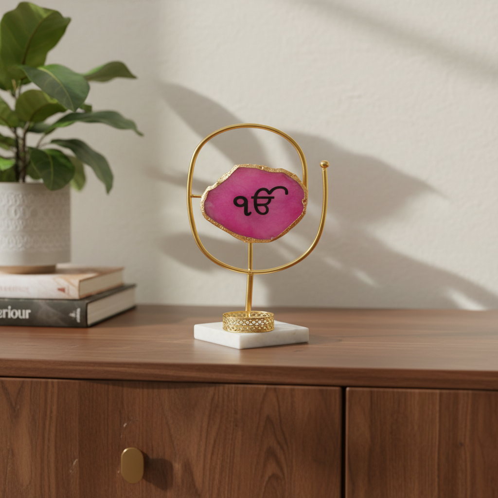 Agate Ik Onkar Oval Shape Metal Showpiece- Pink