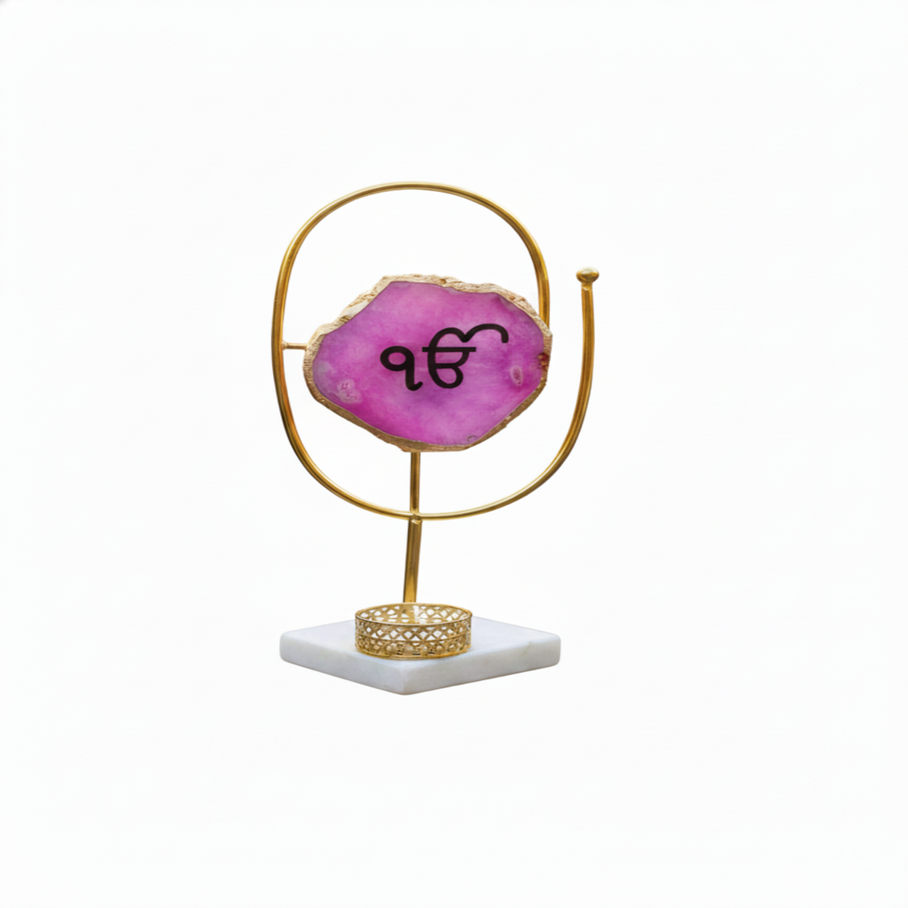 Agate Ik Onkar Oval Shape Metal Showpiece- Pink