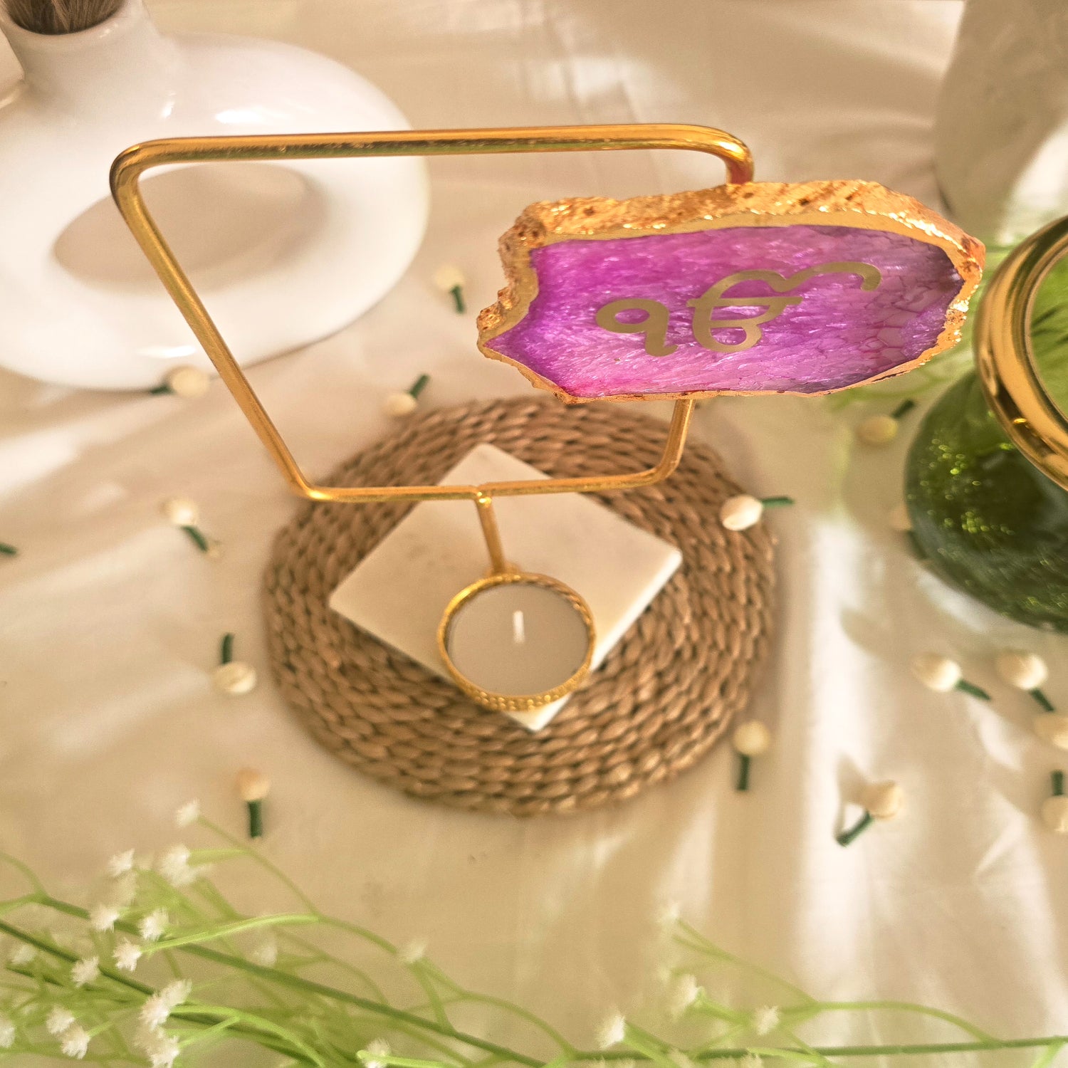 Agate Ik Onkar Rectangular Shape Metal Showpiece- Pink