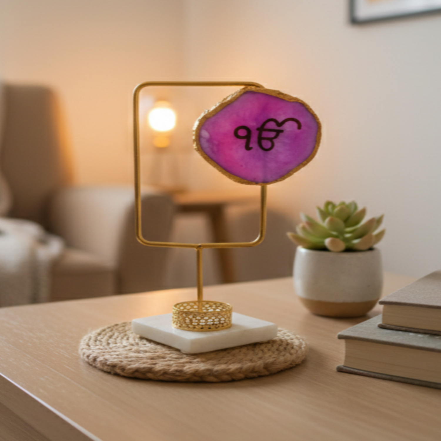 Agate Ik Onkar Rectangular Shape Metal Showpiece- Pink