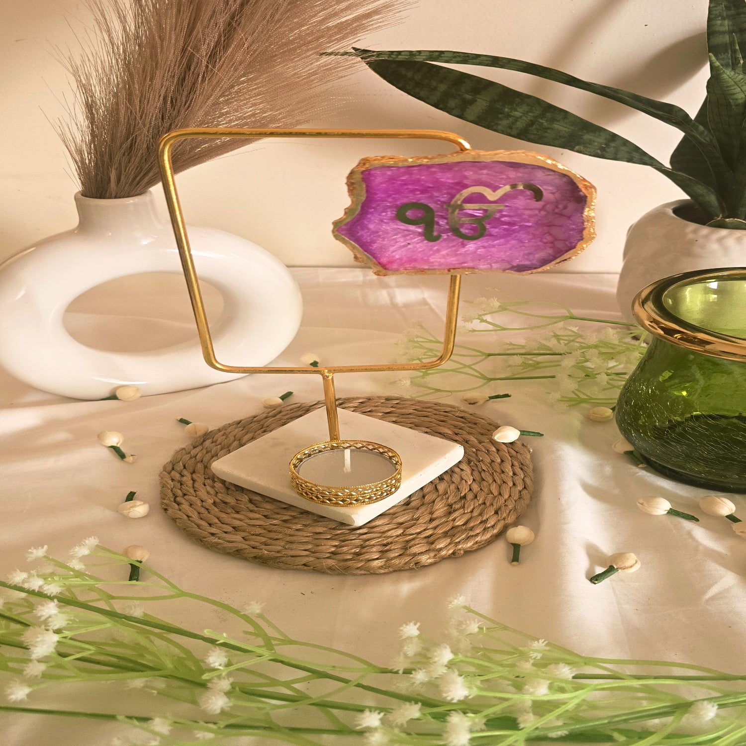 Agate Ik Onkar Rectangular Shape Metal Showpiece- Pink