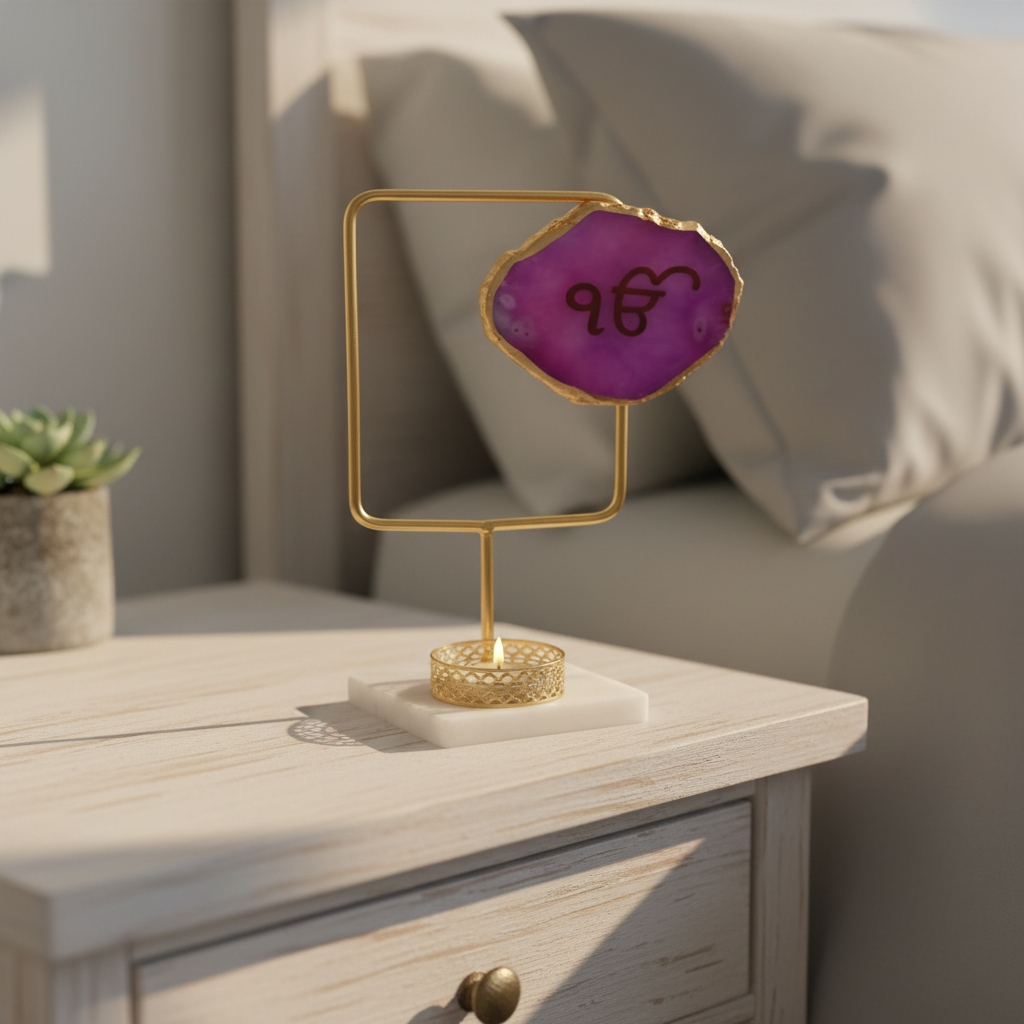 Agate Ik Onkar Rectangular Shape Metal Showpiece- Pink
