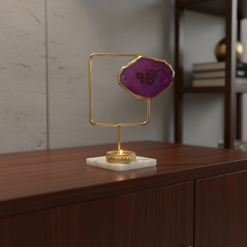 Agate Ik Onkar Rectangular Shape Metal Showpiece- Pink