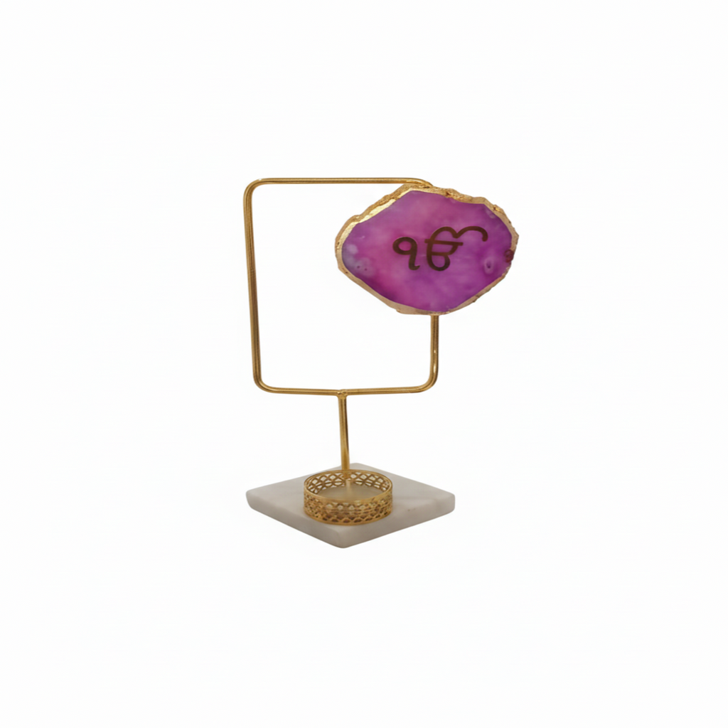 Agate Ik Onkar Rectangular Shape Metal Showpiece- Pink