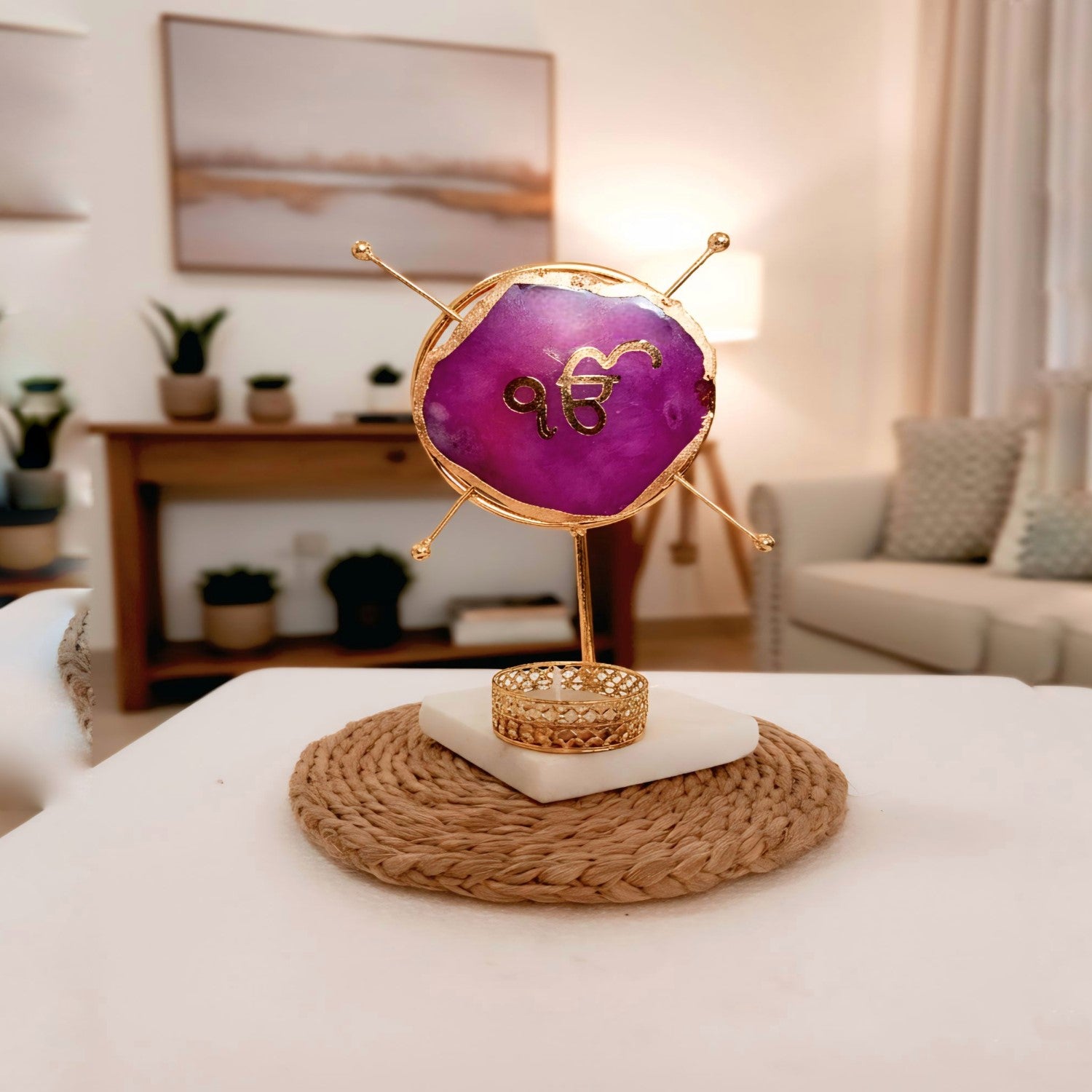 Agate Ik Onkar Round Shape Metal Showpiece- Pink