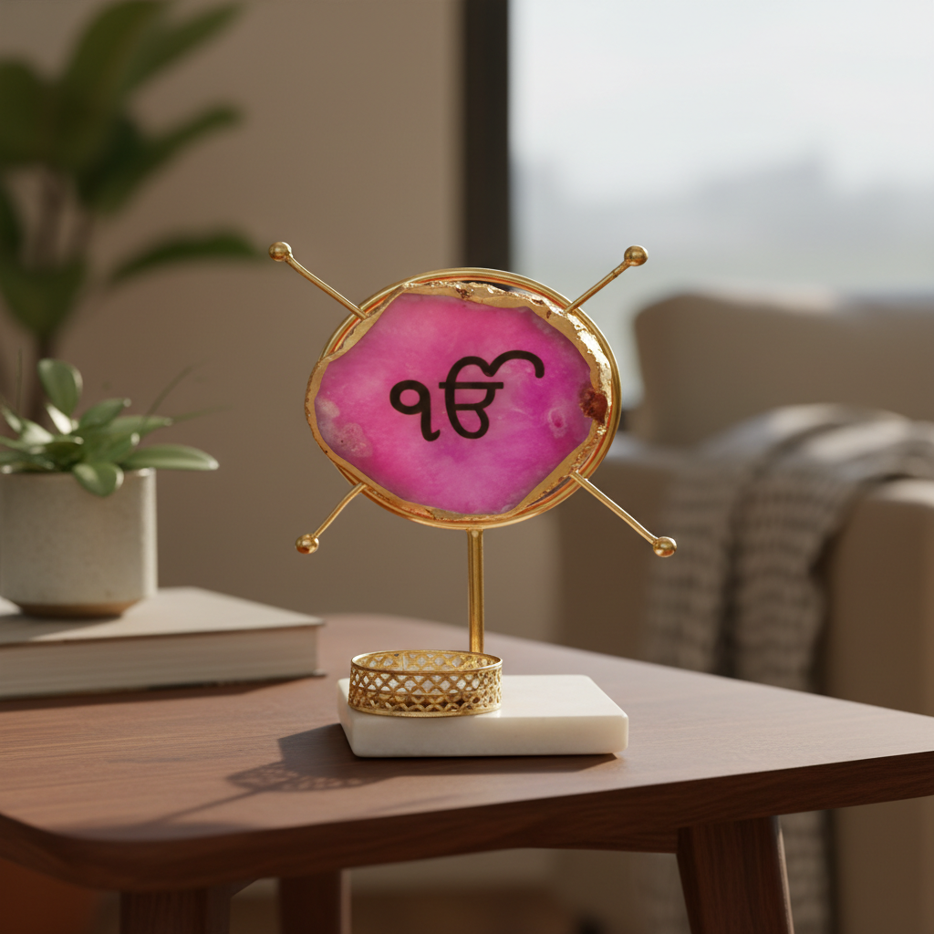 Agate Ik Onkar Round Shape Metal Showpiece- Pink