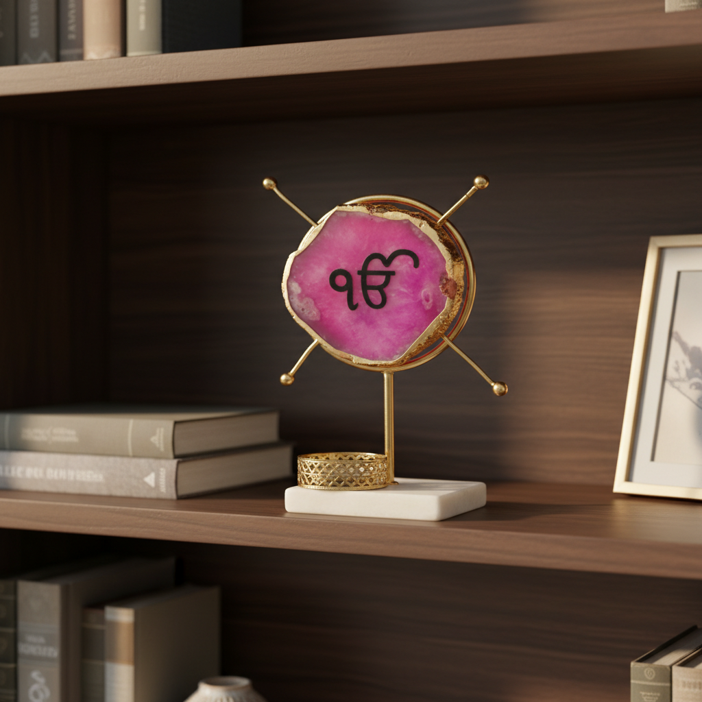 Agate Ik Onkar Round Shape Metal Showpiece- Pink