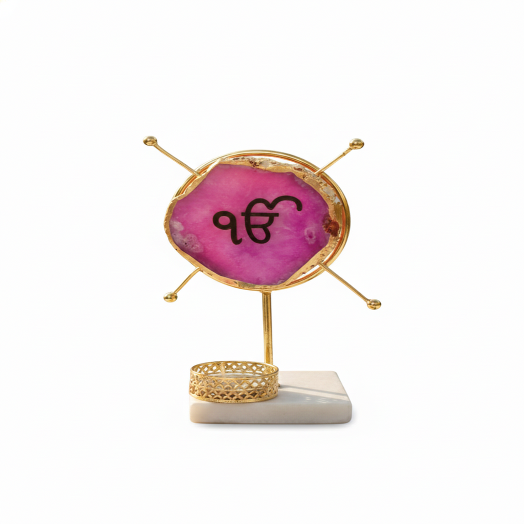 Agate Ik Onkar Round Shape Metal Showpiece- Pink