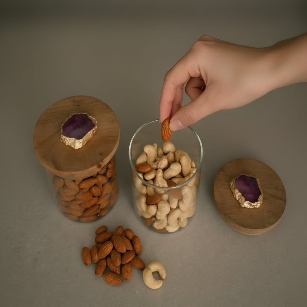 Agate Pink Stone Lid Glass Storage Jar with Wooden Top set of 2