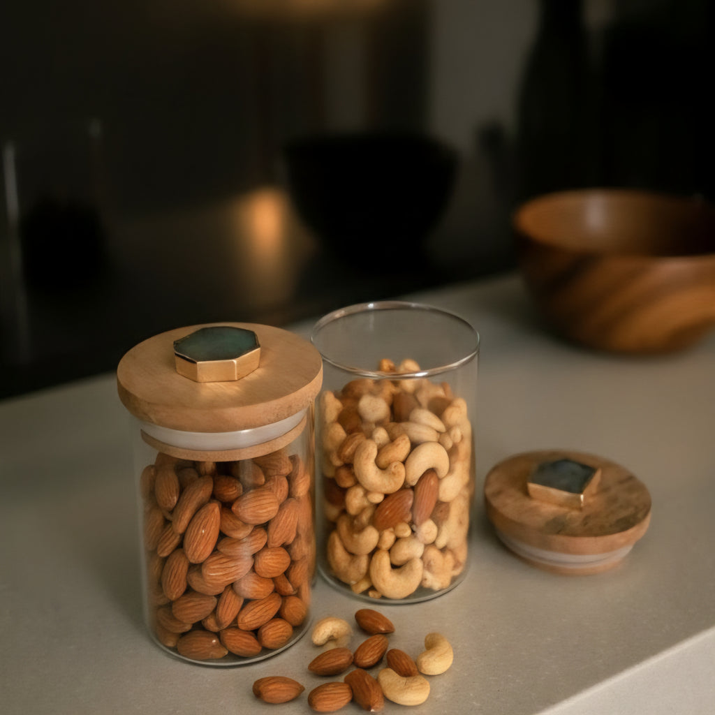 Agate Turquoise Stone Lid Glass Storage Jar with Wooden Top set of 2