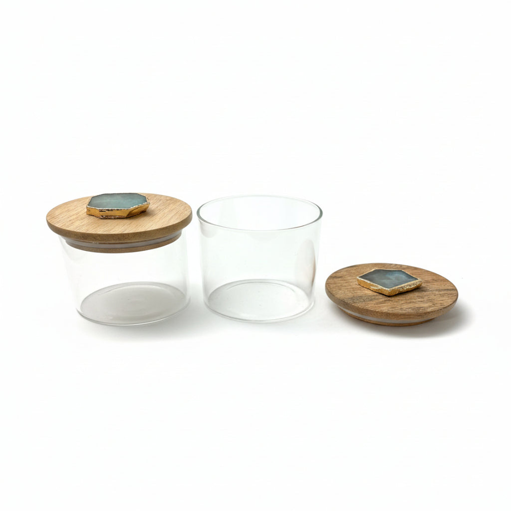 Agate Turquoise Stone Lid Glass Storage Jar with Wooden Top set of 2