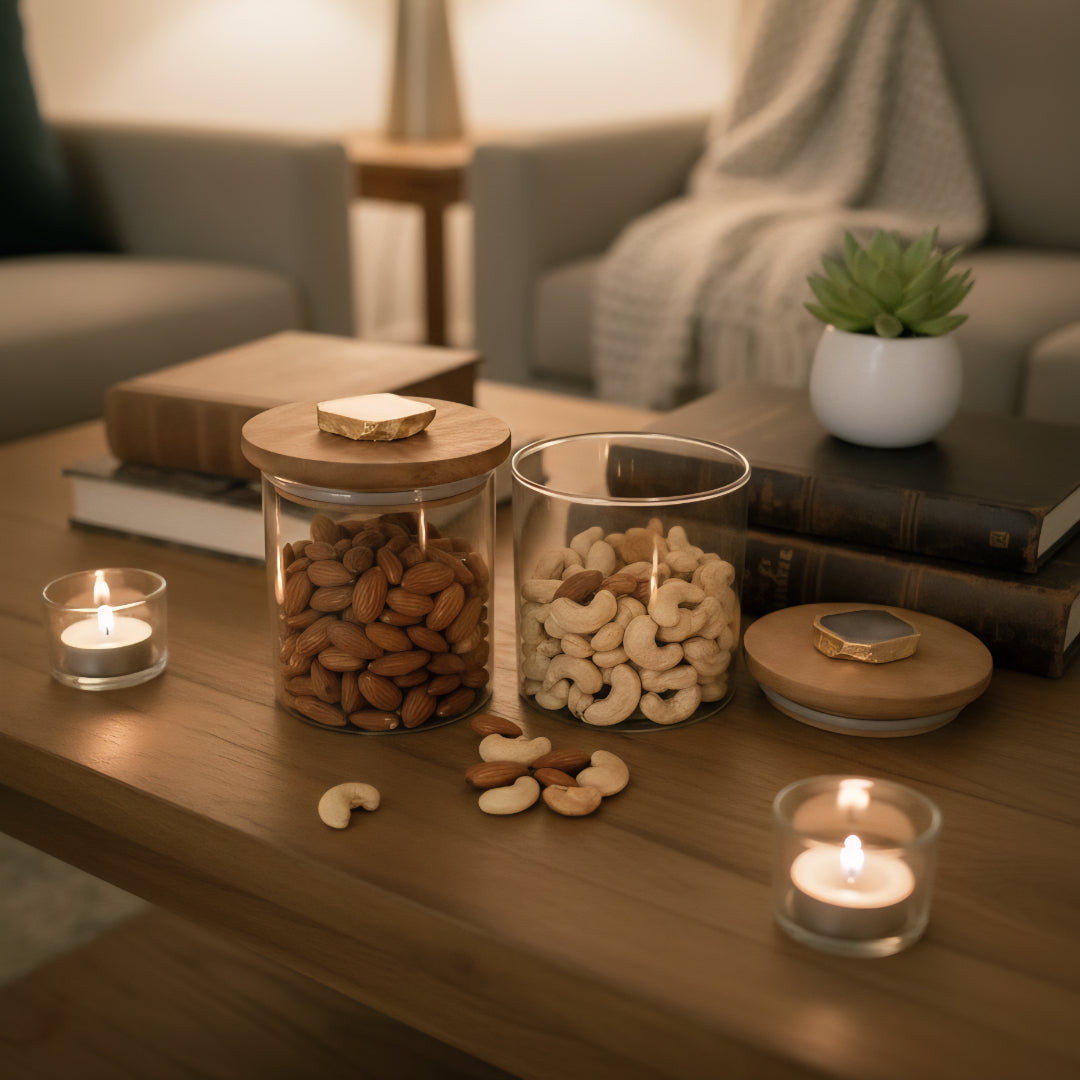 Agate White Stone Lid Glass Storage Jar with Wooden Top set of 2