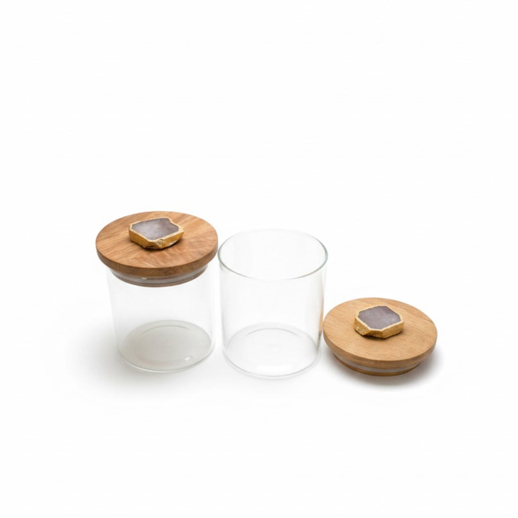 Agate White Stone Lid Glass Storage Jar with Wooden Top set of 2