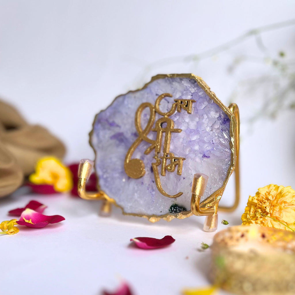Jai Shree Ram Agate Metal Stand Relegious Showpeice-Purple