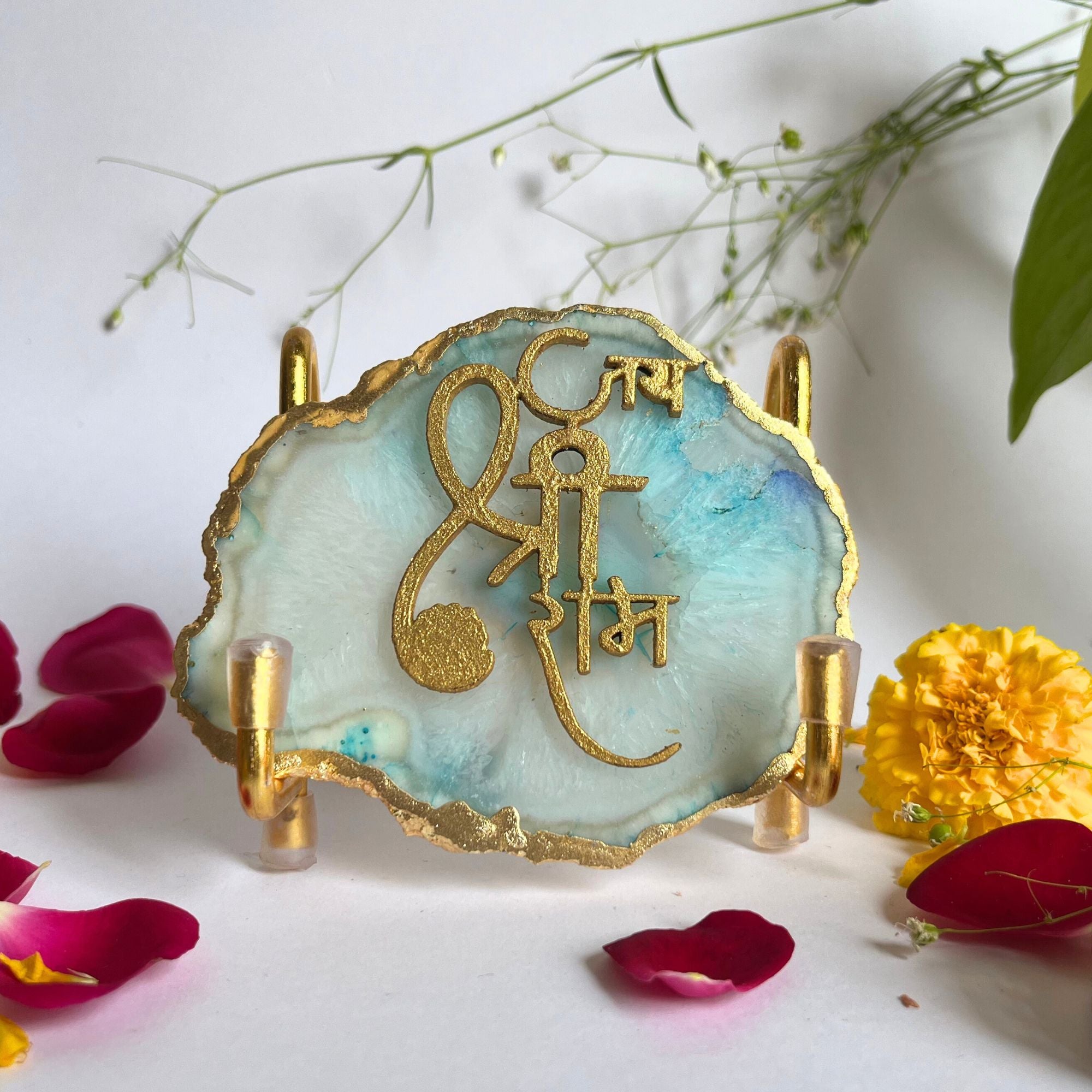 Jai Shree Ram Agate Metal Stand Relegious Showpeice-Turquoise