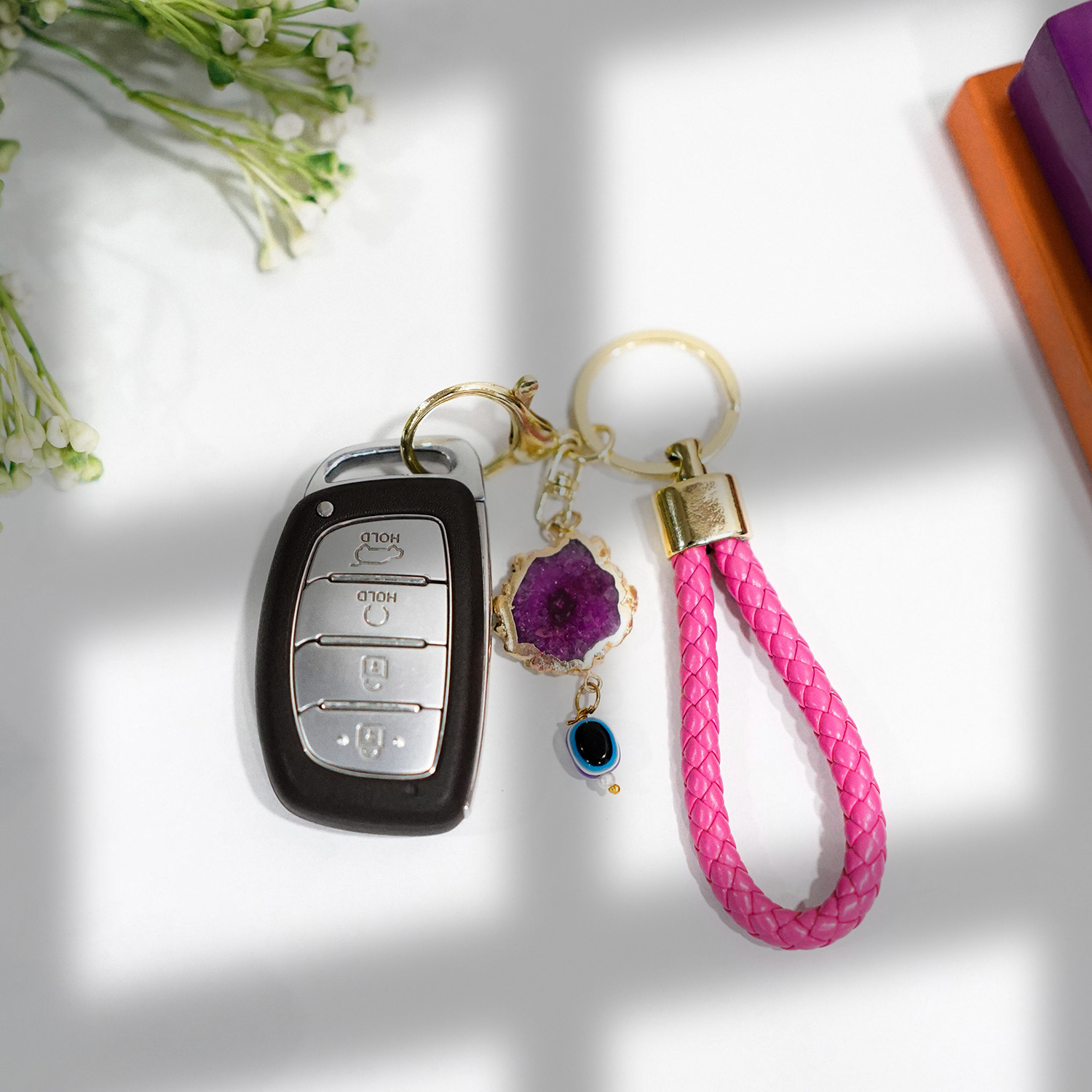 Pink Solar Agate Gold Plated Key Chain with Evil Eye