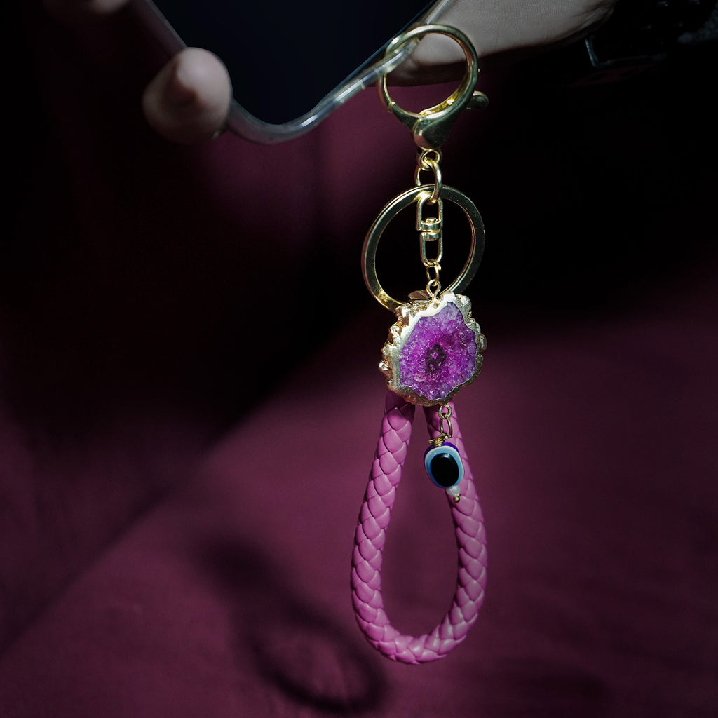 Pink Solar Agate Gold Plated Key Chain with Evil Eye