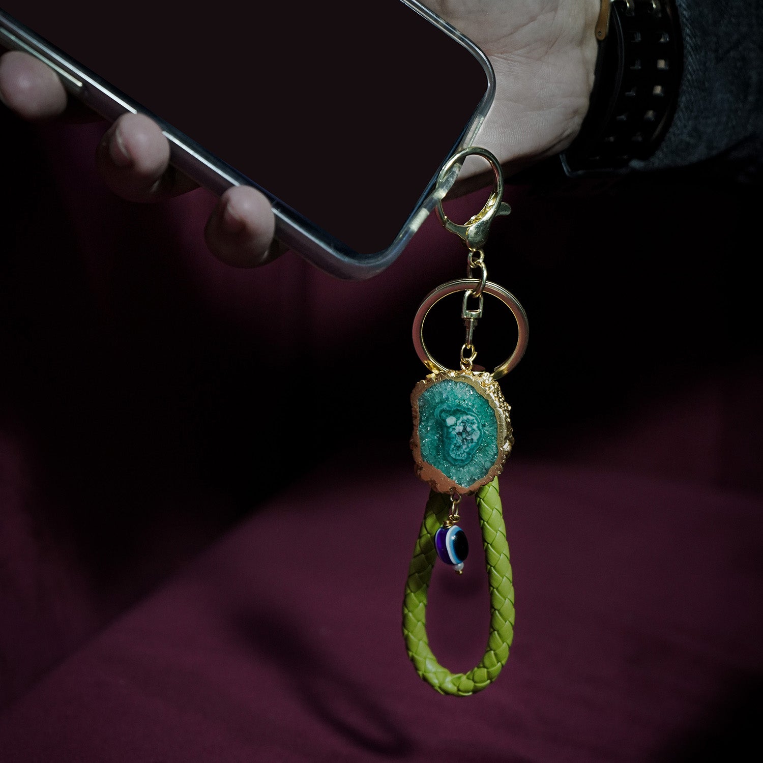 Green Solar Agate Gold Plated Key Chain with Evil Eye